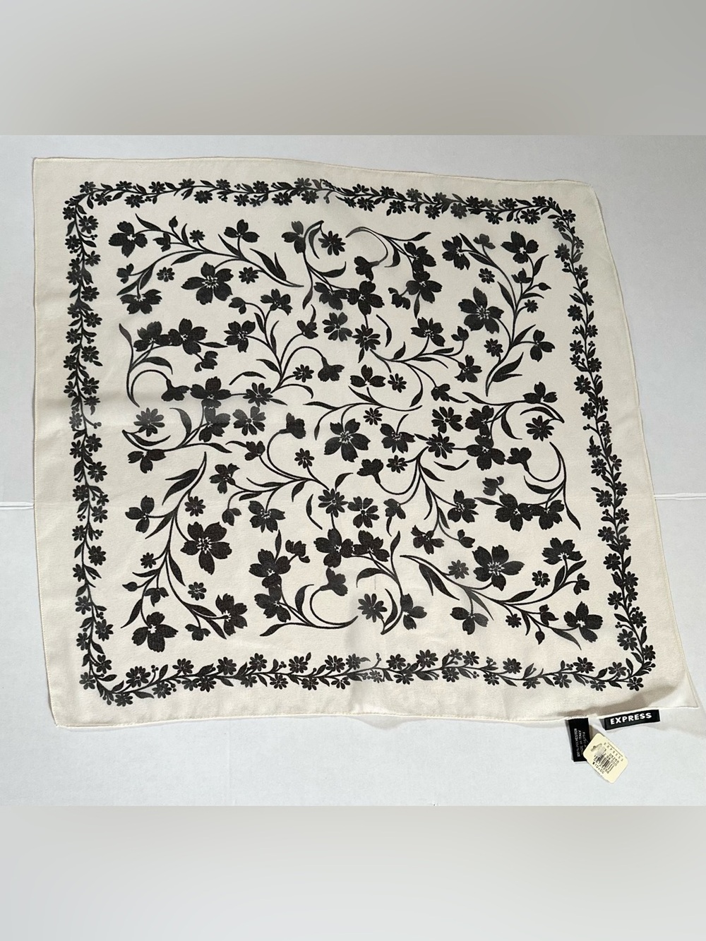 VTG 1980s-90s Express Cream & Black Floral Chiffon Square Scarf Made in Italy